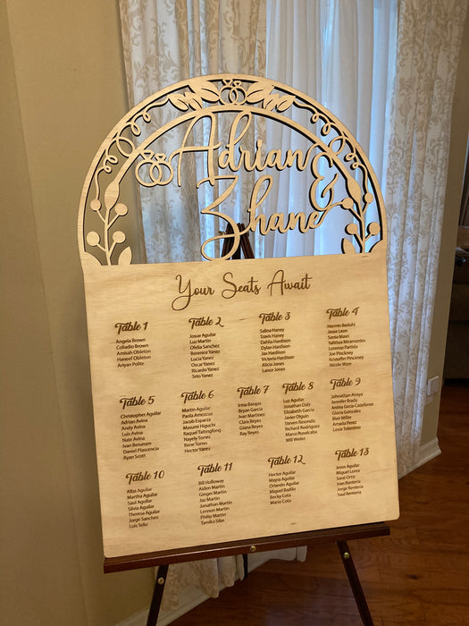 Seating Chart - Your Seats Await Garden Seating Chart Sign with Couple's Name Cut Out and Engraved Text