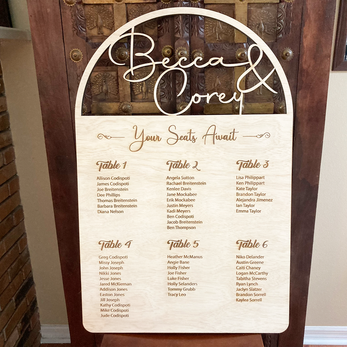 Seating Chart - Couple's Name Cutout in Beautiful Script and Engraved Text