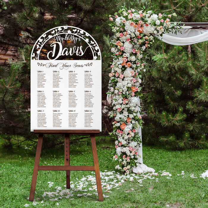 Seating Chart - Double Lines and Nature with Couple's Name Cut Out and Engraved Text