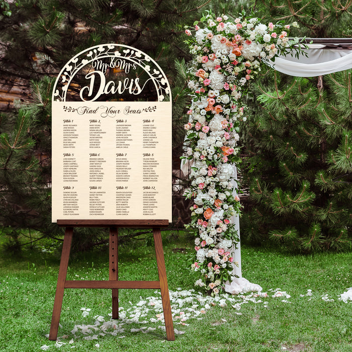 Seating Chart - Double Lines and Nature with Couple's Name Cut Out and Engraved Text