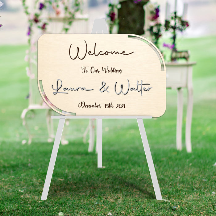 Welcome Sign - Beautiful Script with Couple's Name Cut Out and Engraved Text