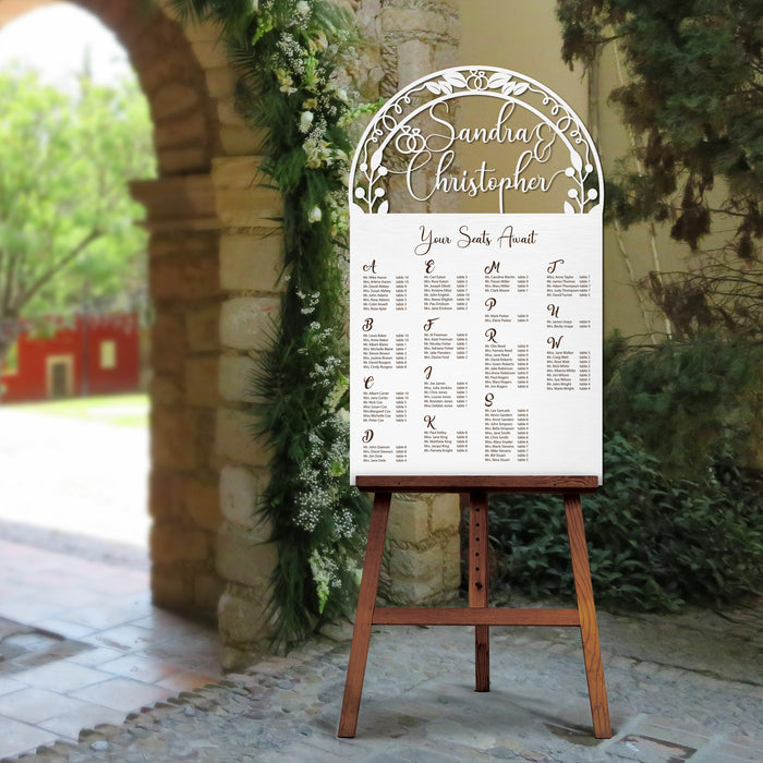 Seating Chart - Your Seats Await Garden Seating Chart Sign with Couple's Name Cut Out and Engraved Text