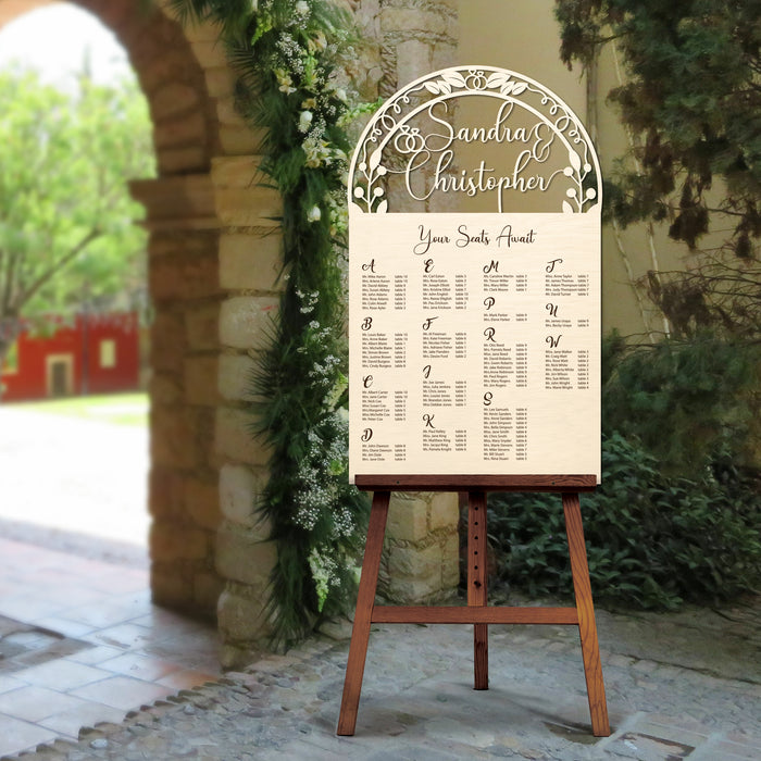 Seating Chart - Your Seats Await Garden Seating Chart Sign with Couple's Name Cut Out and Engraved Text