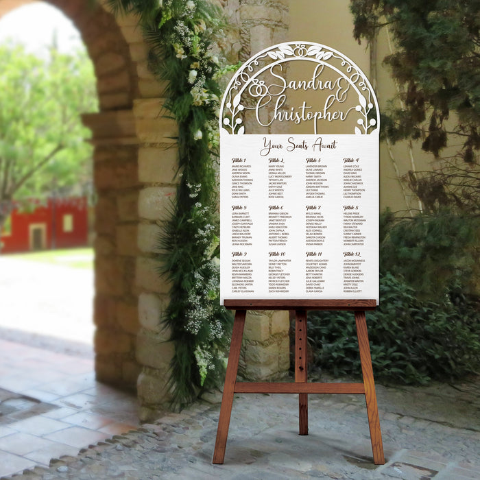 Seating Chart - Your Seats Await Garden Seating Chart Sign with Couple's Name Cut Out and Engraved Text