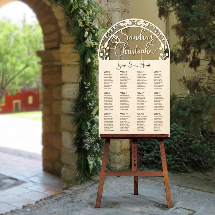 Seating Chart - Your Seats Await Garden Seating Chart Sign with Couple's Name Cut Out and Engraved Text