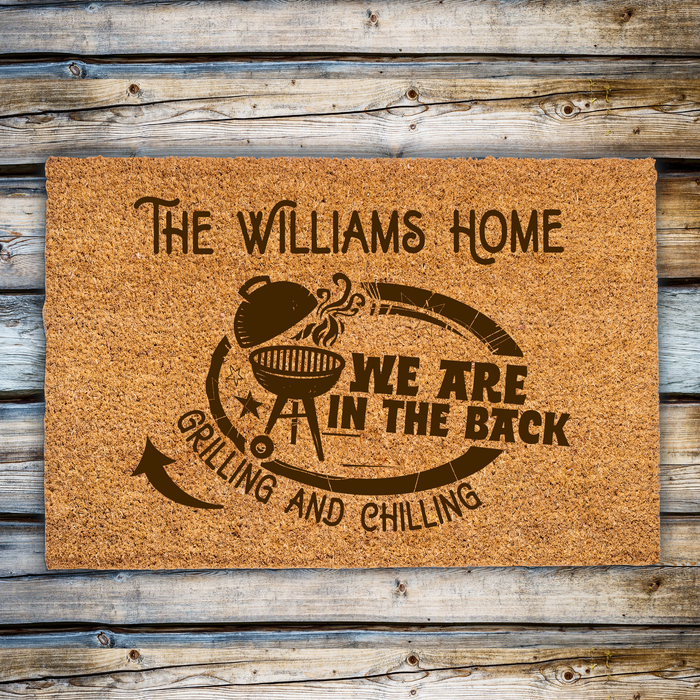 Last Name and BBQ Message w/ Arrow Direction - Personalized Doormat - Housewarming Gift - Closing Gift