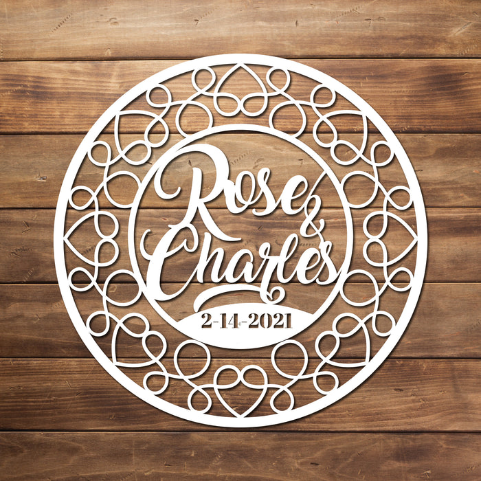 Wedding Backdrop Sign - Couples Name and Hearts with Script Text